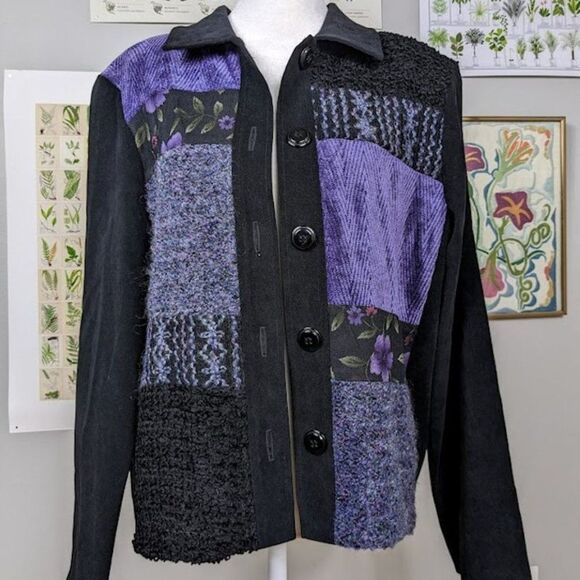 Vintage 90s First Option Suede Look Jacket Cottagecore Patchwork Medium Petite - Picture 4 of 14